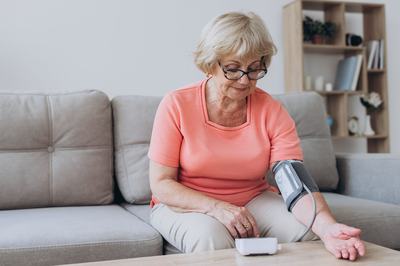 A female senior measuring her blood pressure in her own home